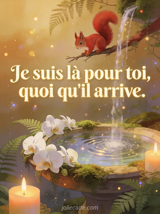 Texte crème doré sur une cascade fine entourée de mousse et fougères, écureuil roux en illustration, orchidées blanches