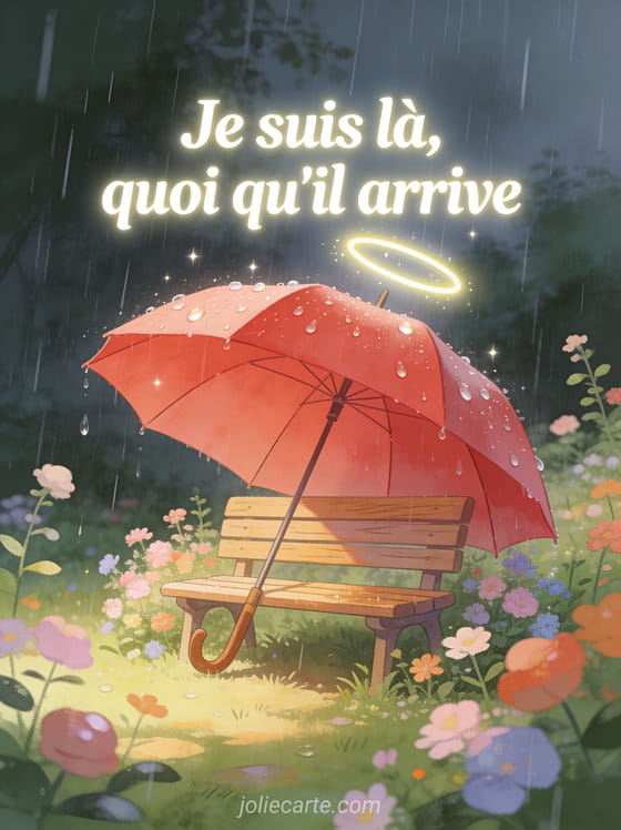 Texte blanc lumineux avec un parapluie rouge protégeant un banc dans un jardin sous une pluie fine, fleurs autour
