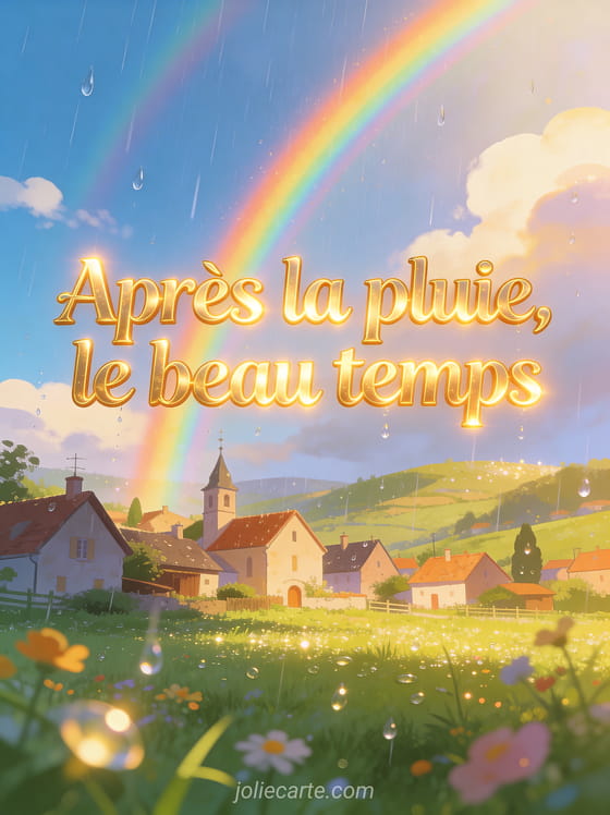 Texte doré lumineux avec un arc-en-ciel vibrant au-dessus d'un village pittoresque, gouttes de pluie scintillant au soleil