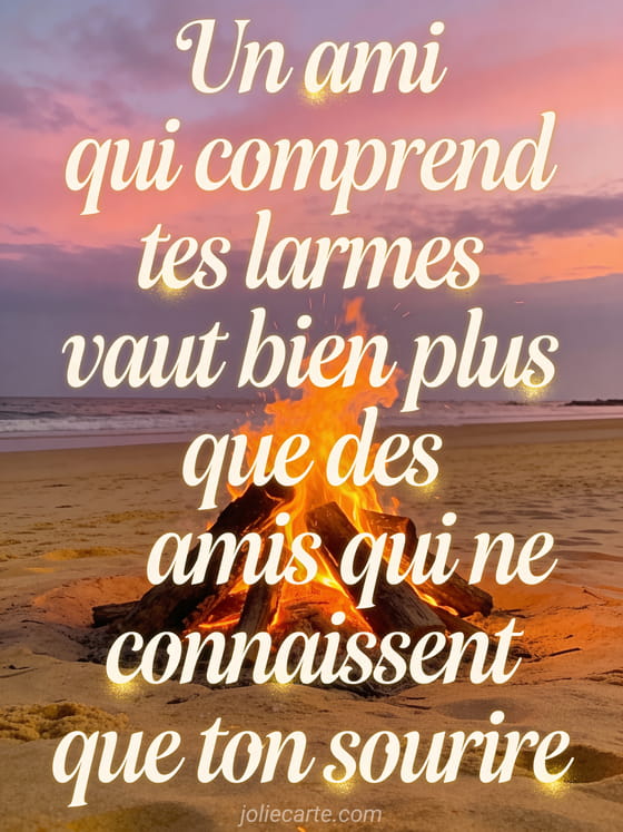 Texte crème calligraphié avec feu de camp chaleureux sur une plage au crépuscule, flammes orangées et ciel rose violet