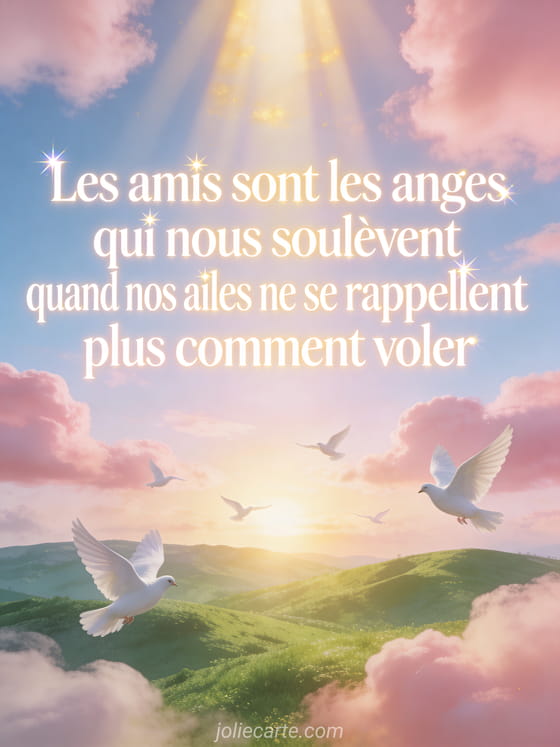 Texte blanc lumineux scintillant avec colombes blanches en vol dans un lever de soleil doré, collines vertes en contrebas
