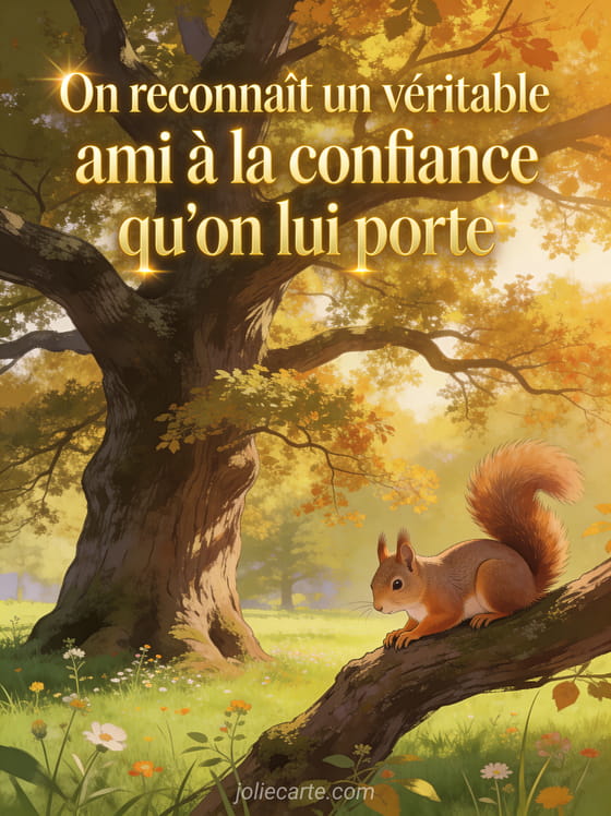 Texte doré élégant avec un vieux chêne massif dans une prairie verdoyante, lumière dorée d'automne, écureuil sur une branche