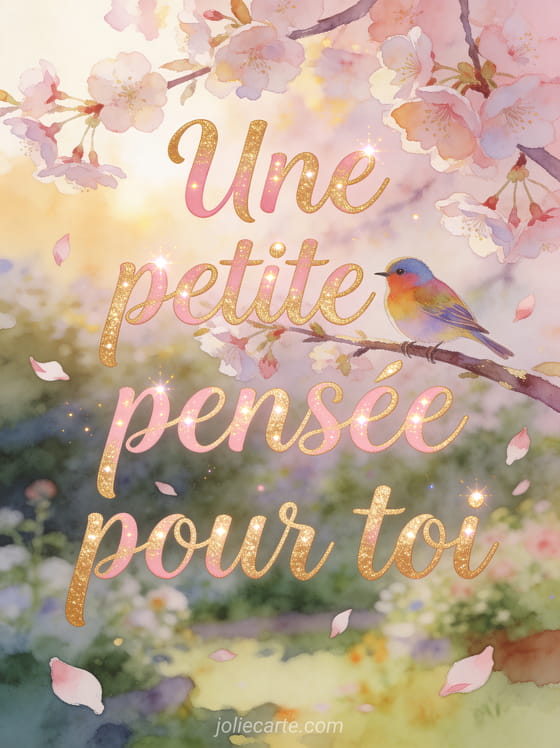 Texte rose-doré manuscrit avec petit oiseau coloré sur une branche de cerisier en fleurs, pétales tombant en aquarelle