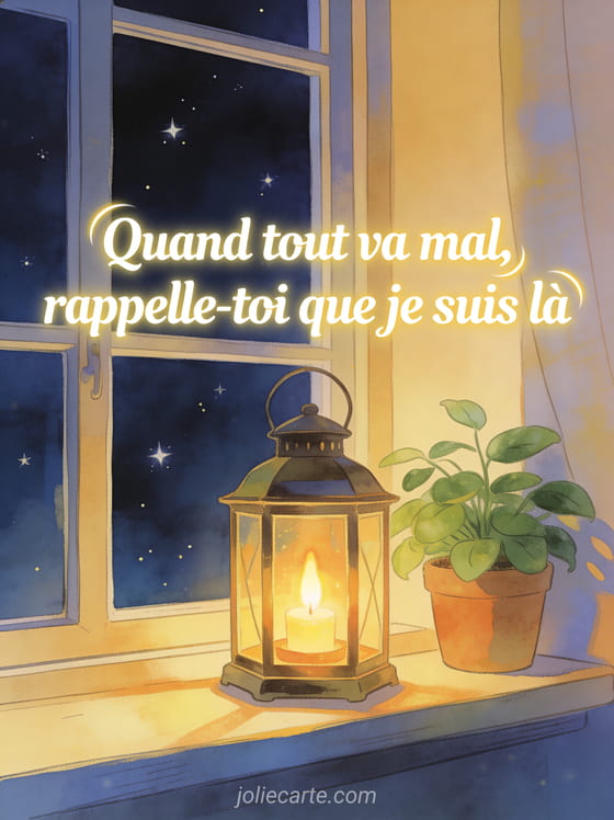 Texte blanc lumineux avec une lanterne allumée sur un rebord de fenêtre dans la nuit, lumière chaude rassurante et étoiles