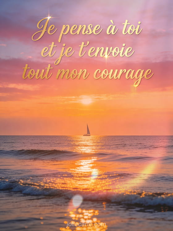 Texte doré cursif sur un coucher de soleil sur la mer aux teintes orangées et violettes, petit voilier et reflets dorés