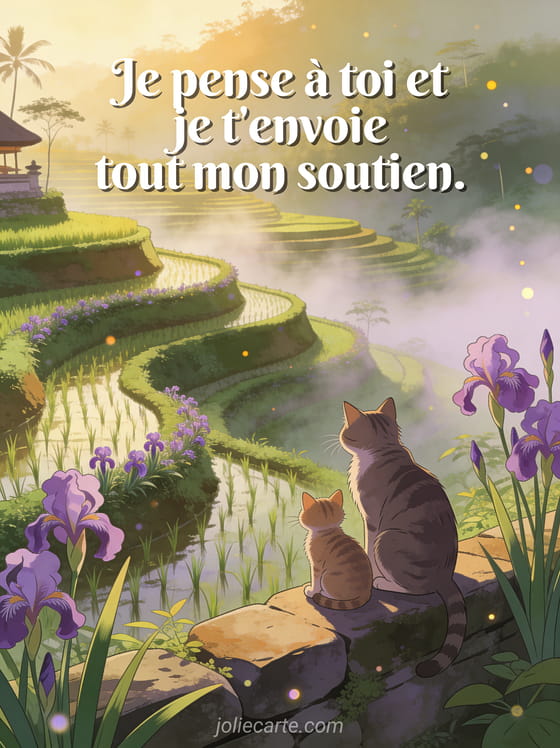 Texte blanc élégant sur des rizières en terrasses de Bali avec vapeur matinale, iris violets, chat et chaton en illustration