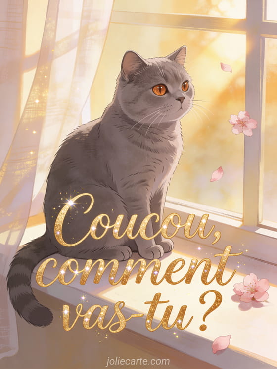Chat british shorthair gris aux yeux cuivrés assis sur un rebord de fenêtre ensoleillé avec des fleurs de cerisier roses