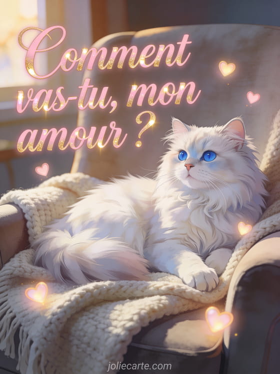 Chat persan blanc aux yeux bleus couché sur un plaid en laine dans un fauteuil avec petits coeurs lumineux flottant autour