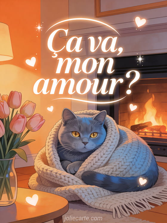 Chat chartreux au pelage gris-bleu velouté blotti dans un plaid tricoté près d'une cheminée avec des tulipes roses sur la table