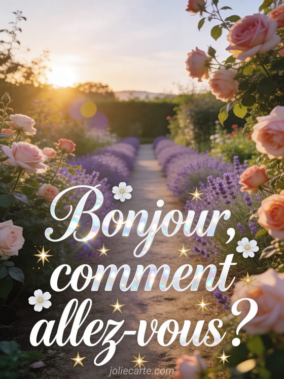 Jardin fleuri au lever du soleil avec des rosiers en floraison et une allée bordée de lavande avec le texte Bonjour comment allez-vous