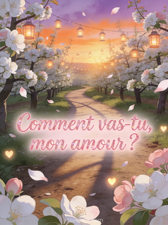 Verger de pommiers en fleurs avec pétales roses virevoltant, lanternes suspendues et ciel de crépuscule orangé et texte Comment vas-tu mon amour