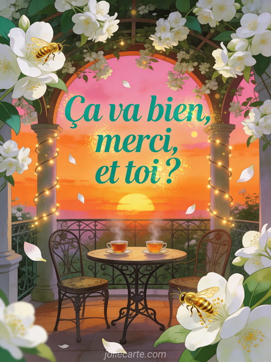 Tonnelle couverte de jasmin blanc en fleurs avec table en fer forgé, tasses de thé fumantes, guirlandes lumineuses et coucher de soleil flamboyant et texte Ça va bien merci et toi