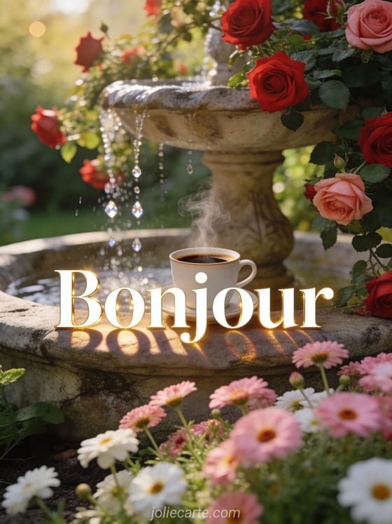 Tasse de café fumante avec volutes de vapeur sur le rebord d'une fontaine en pierre, roses rouges grimpantes, jardin luxuriant, texte Bonjour