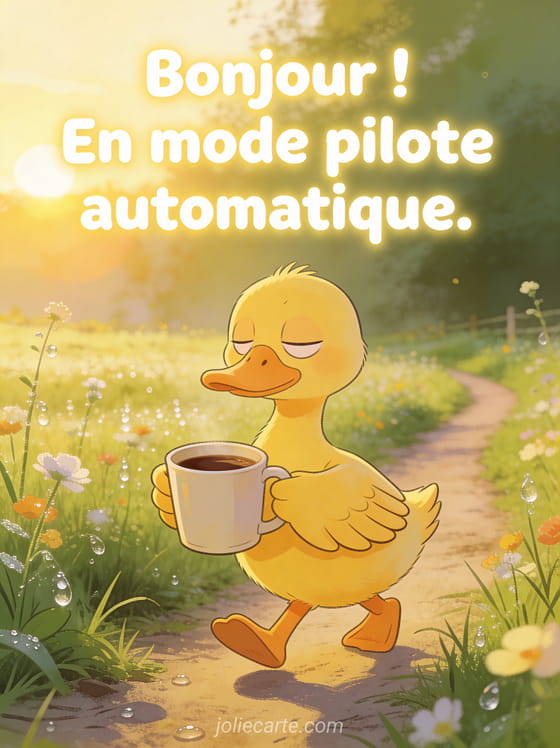 Canard jaune somnolent marchant les yeux mi-clos tenant une grande tasse de café, chemin de campagne fleuri au lever du soleil