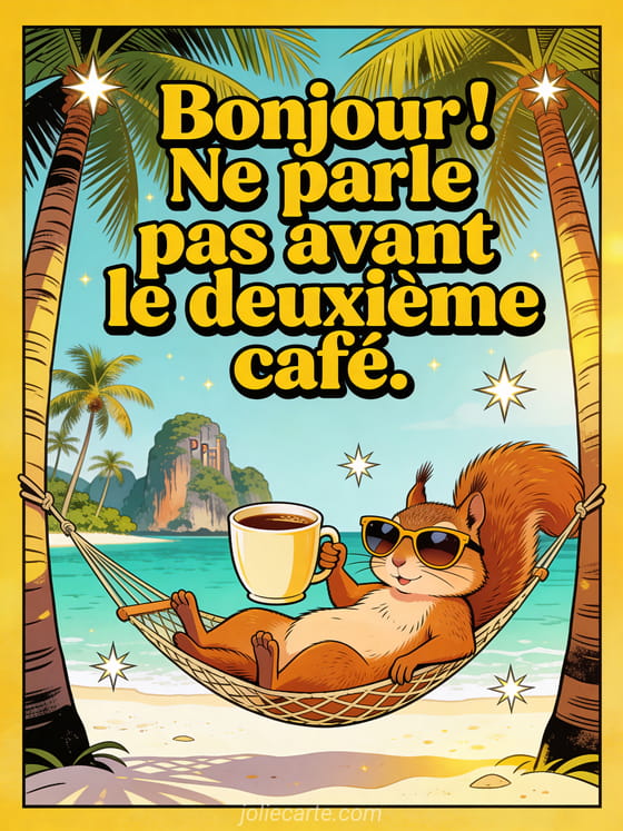 Écureuil avec lunettes de soleil surdimensionnées allongé sur un hamac entre deux palmiers sur une plage tenant une tasse de café géante