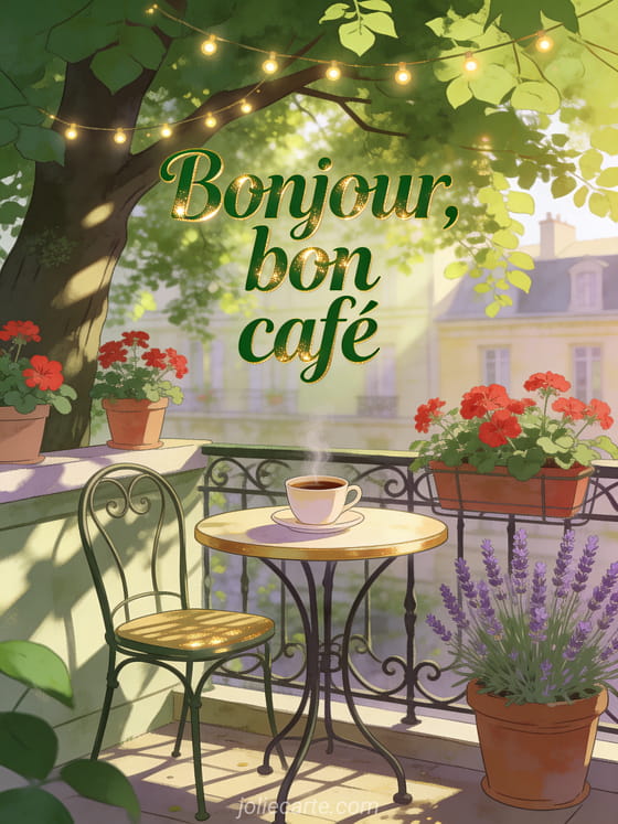 Tasse de café fumante sur une table en fer forgé sous un tilleul avec géraniums rouges et lavande sur une terrasse méditerranéenne