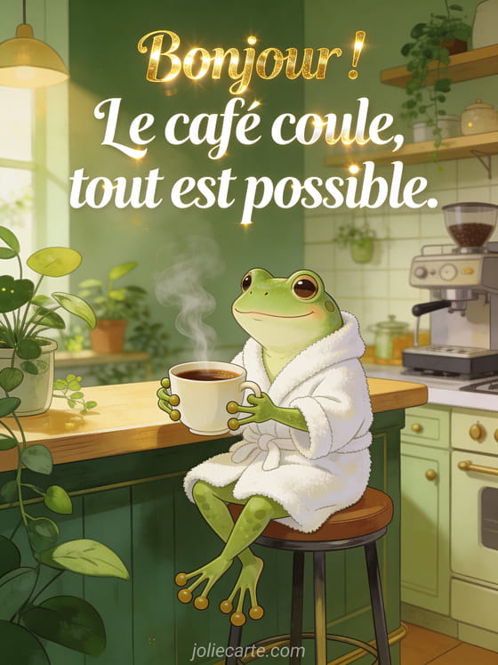 Grenouille verte en peignoir blanc assise sur un tabouret de bar tenant une grande tasse de café fumante avec expression zen