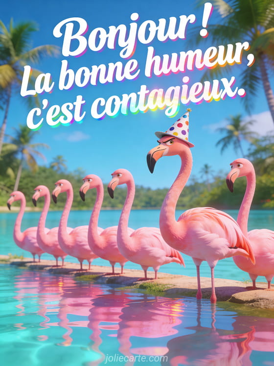 Rangée de flamants roses au bord d'un lac dont un seul porte un chapeau de fête à pois avec un air fier et décalé