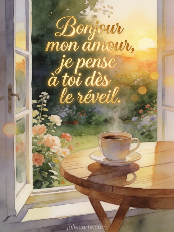 Tasse de café fumante sur une table en bois près d'une fenêtre ouverte sur un jardin fleuri au lever du soleil