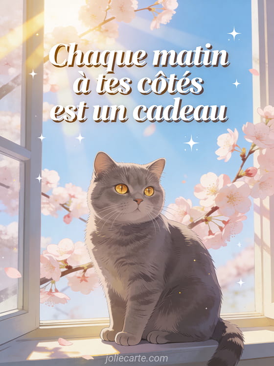 Chat british shorthair gris aux yeux dorés sur un rebord de fenêtre avec des branches de cerisier en fleurs roses et ciel bleu matinal