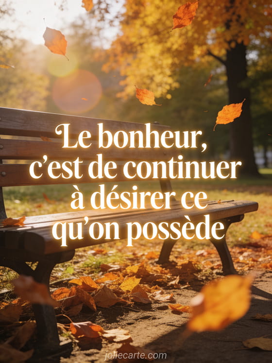 Banc en bois dans un parc automnal avec des feuilles dorées et orangées qui tombent doucement dans la lumière chaude du matin