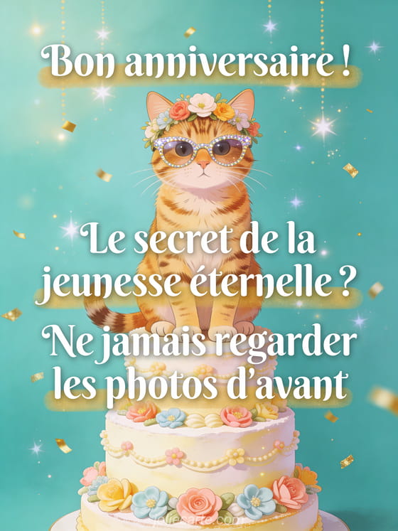 Chat roux tigré avec couronne de fleurs et lunettes à paillettes assis sur un gâteau à étages décoré