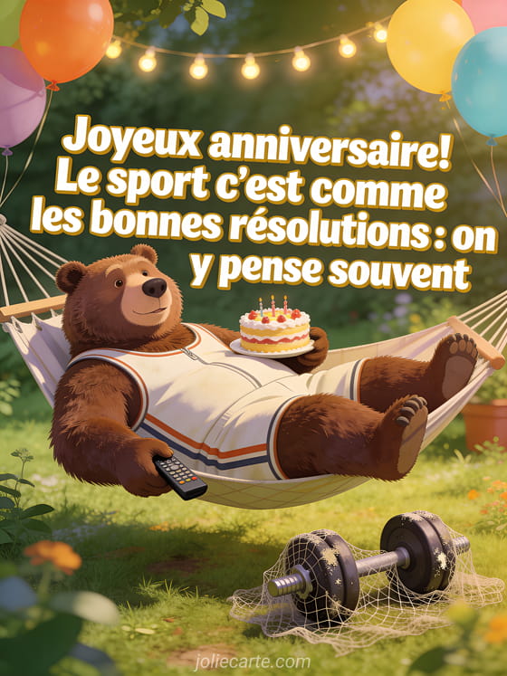 Ours brun en survêtement rétro allongé dans un hamac avec télécommande et gâteau d'anniversaire