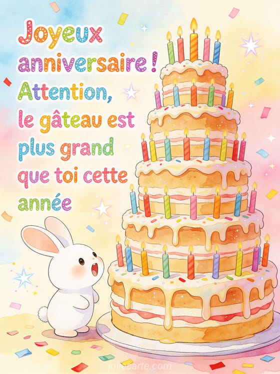 Petit lapin blanc regardant un gâteau d'anniversaire gigantesque à dix étages avec bougies colorées