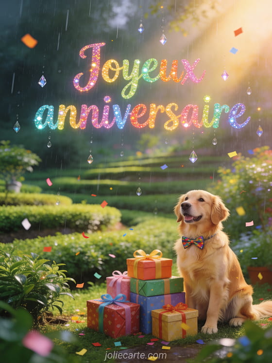 Chien golden retriever adorable portant un chapeau de fête dans un jardin de thé en terrasses sous la pluie