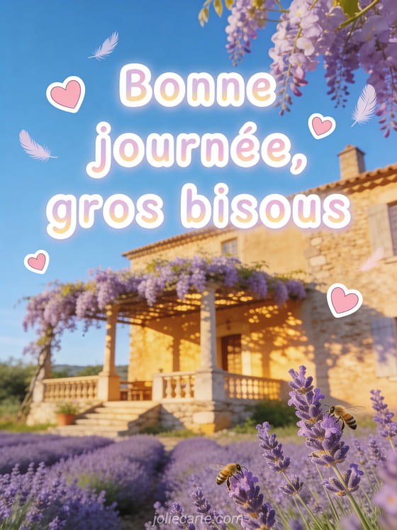 Mas provençal en pierre dorée sous une glycine, champs de lavande au premier plan avec le texte Bonne journée gros bisous