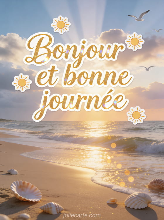 Plage de sable fin au lever du soleil avec vagues douces, mouettes en vol et le texte Bonjour et bonne journée