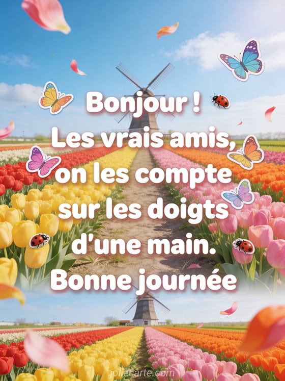 Champs de tulipes multicolores aux Pays-Bas avec moulin à vent, papillons colorés et le texte Bonjour bonne journée
