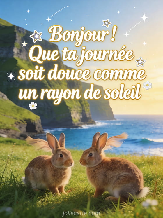 Étoiles scintillantes et petites fleurs blanches autour d’un message de bonjour lumineux