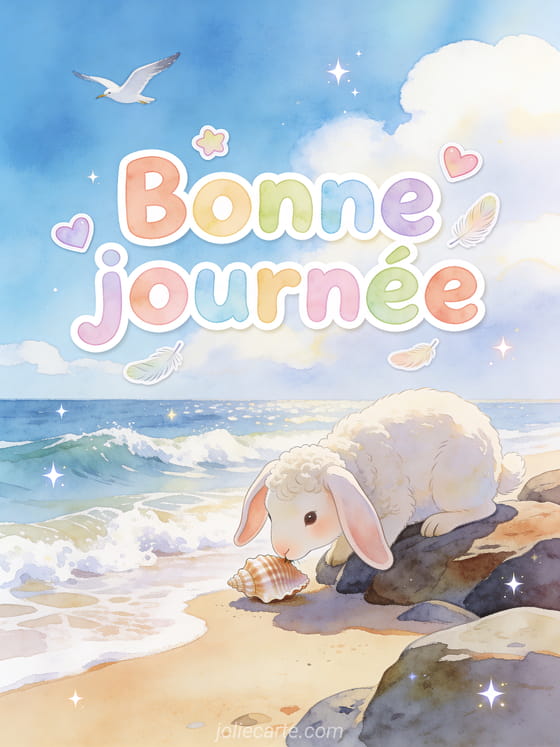 Lapin bélier aux longues oreilles entouré de coeurs pastel et plumes légères