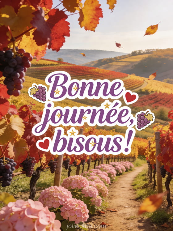 Vignoble au soleil avec grappes de raisin et coeurs rouges dispersés