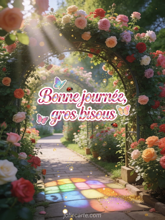 Roseraie en pleine floraison avec papillons colorés et coccinelles