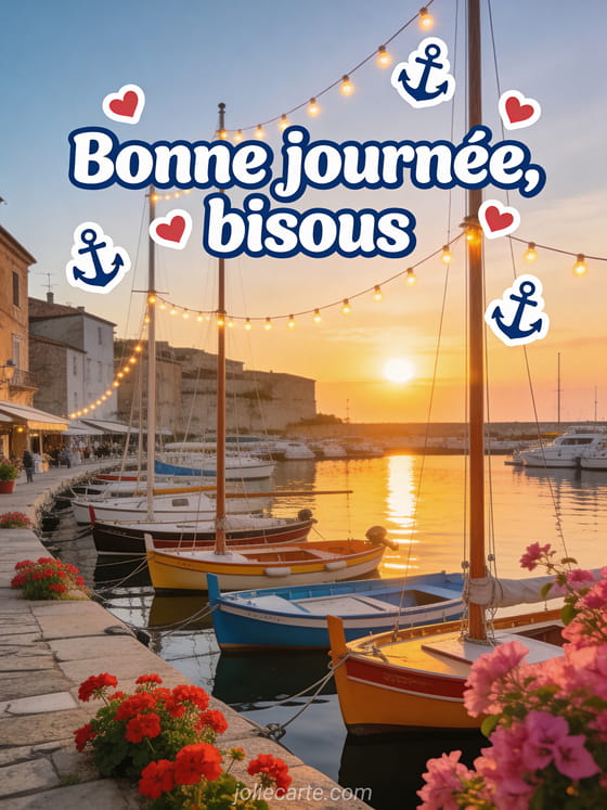 Vieux port pittoresque avec ancres marines et coeurs rouges flottant dans une ambiance maritime