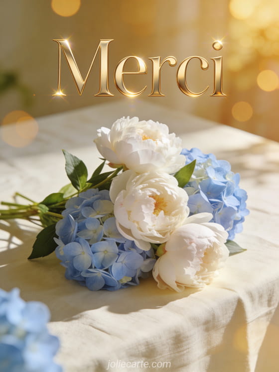 Bouquet de pivoines blanches et hortensias bleu pâle sur nappe en lin avec le texte Merci en lettres dorées