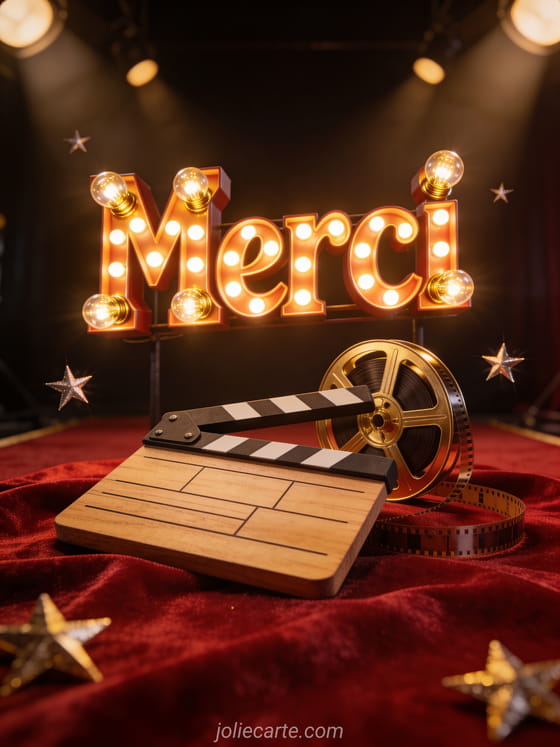 Texte Merci en lettres lumineuses style enseigne cinéma rétro avec ampoules dorées, clap de cinéma sur velours rouge et bobine de film