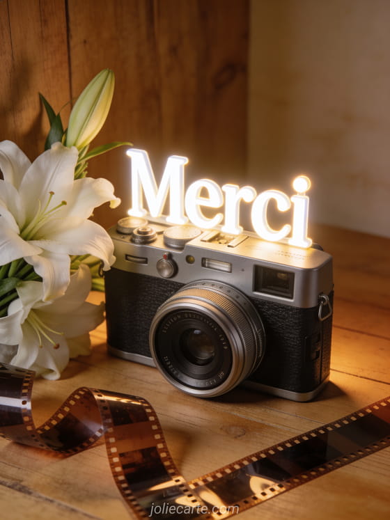 Appareil photo argentique rétro posé sur une table en bois avec un bouquet de lys blancs et des pellicules déroulées, texte Merci en lettres blanches