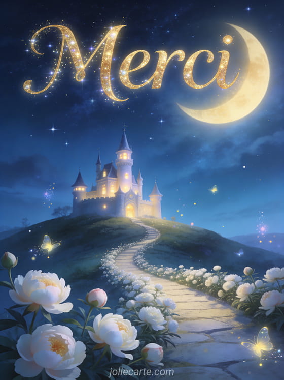 Château enchanté sur une colline avec tourelles illuminées, chemin de pivoines blanches, ciel étoilé et lune dorée avec le texte Merci