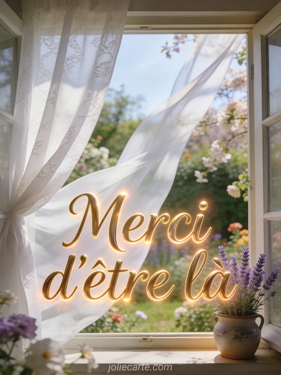 Texte Merci d'être là en lettres dorées manuscrites devant une fenêtre ouverte sur un jardin printanier avec pot de lavande