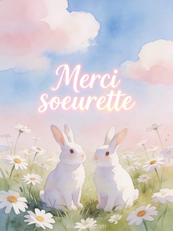 Deux lapins blancs côte à côte dans un pré de marguerites sous un ciel bleu tendre, style aquarelle, texte Merci soeurette en lettres rose poudré