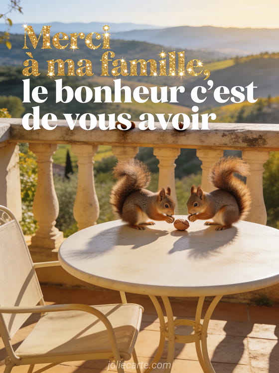 Terrasse ensoleillée avec table ronde, deux écureuils partageant une noisette sur la rambarde, vue sur un paysage vallonné de Provence, lumière dorée