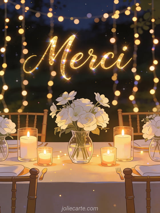 Table de réception élégante avec bougies et fleurs blanches et guirlandes lumineuses avec le texte Merci en calligraphie dorée