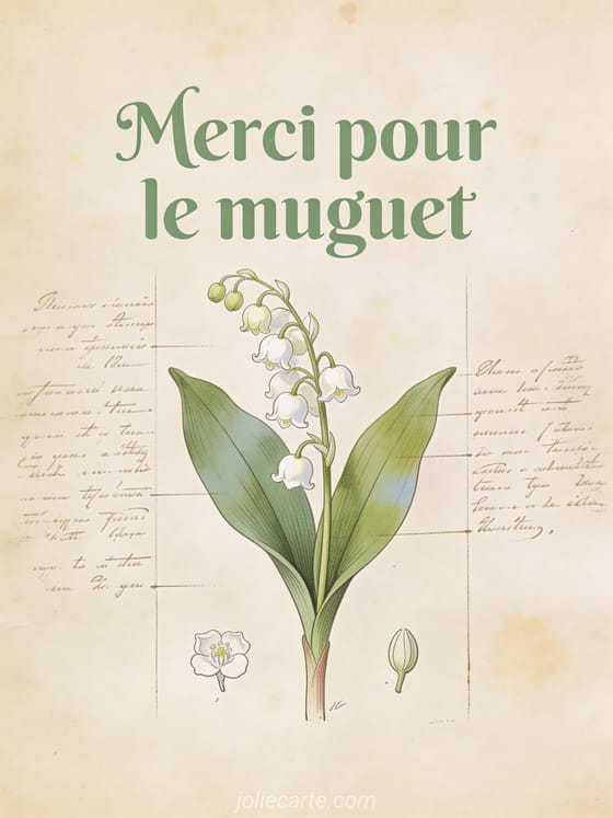 Dessin botanique détaillé d'une fleur de muguet avec clochettes et feuilles sur fond parchemin avec le texte Merci pour le muguet