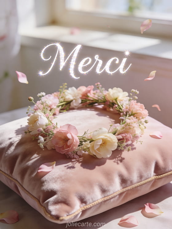 Couronne de fleurs sauvages sur coussin en velours avec pétales éparpillés et le texte Merci en lettres cursives blanches