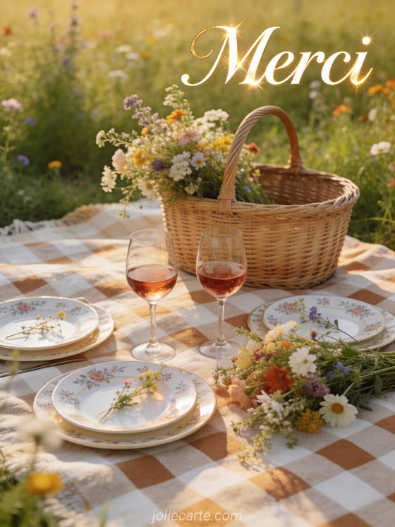 Pique-nique romantique dans un pré fleuri avec panier en osier, verres à vin et fleurs sauvages en lumière dorée avec le texte Merci