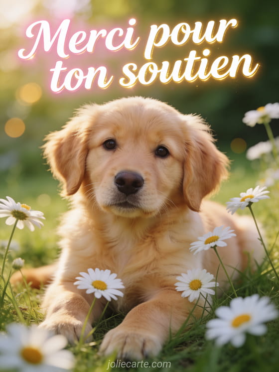 Chiot golden retriever couché dans l'herbe entouré de marguerites en lumière douce avec le texte Merci pour ton soutien