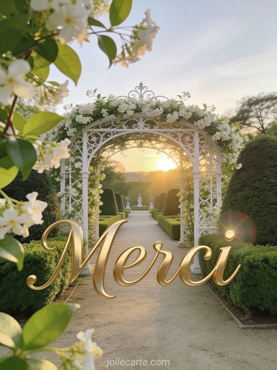 Allées de buis taillés dans un jardin à la française, pergola en fer forgé blanc recouverte de jasmin, soleil couchant en arrière-plan, style illustration classique
